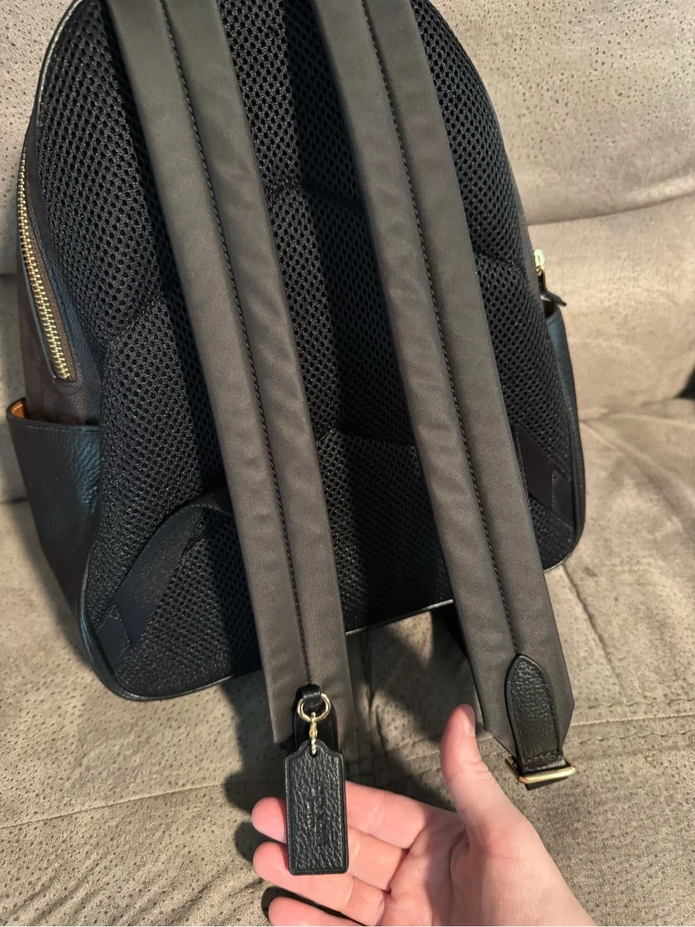 Coach Brown Signature Canvas Mini Backpack with Black Leather Trim